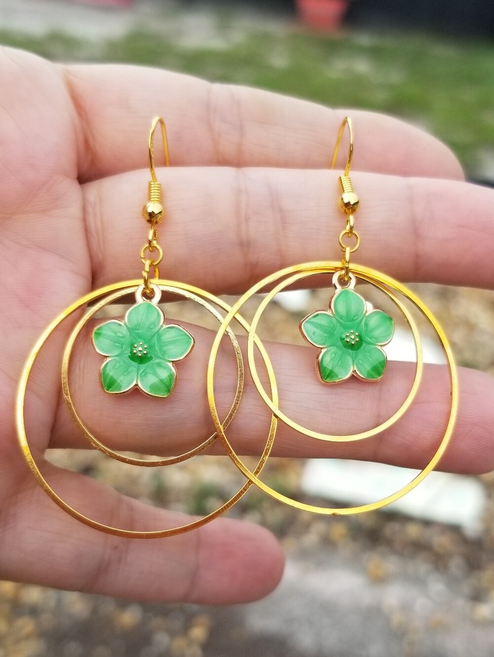 Gold Double Hoop Floral Dangle Earrings, Green Flower Dangle Earrings